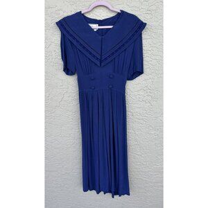 VTG Karin Stevens Blue Yoke Collar Dress  Size 8 Nautical Button Midi Pleated